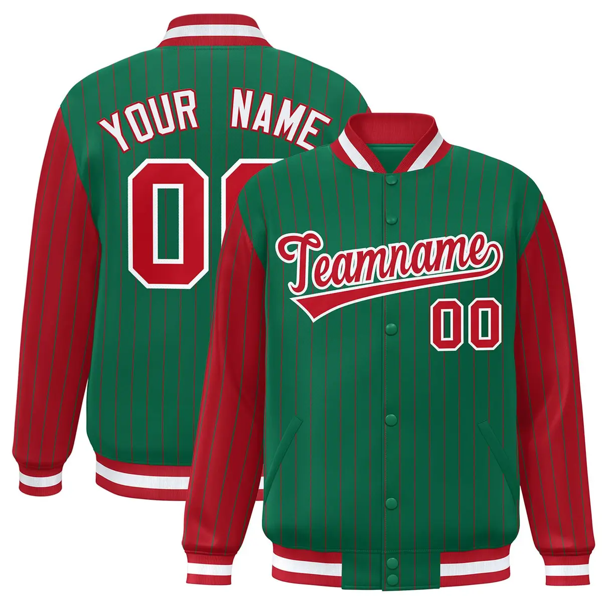 Kelly Green Red Pinstripe Raglan Full-Snap Letterman Baseball Jacket