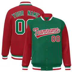 Kelly Green Red Pinstripe Raglan Full-Snap Letterman Baseball Jacket 1