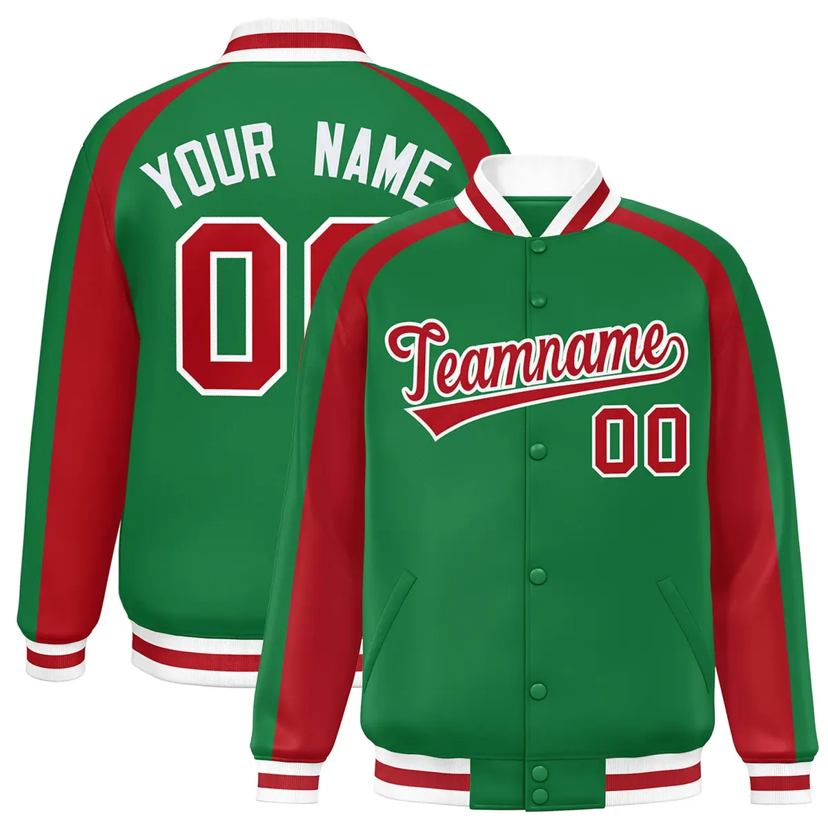 Kelly Green Red Raglan Color Block Varsity Letterman Jacket