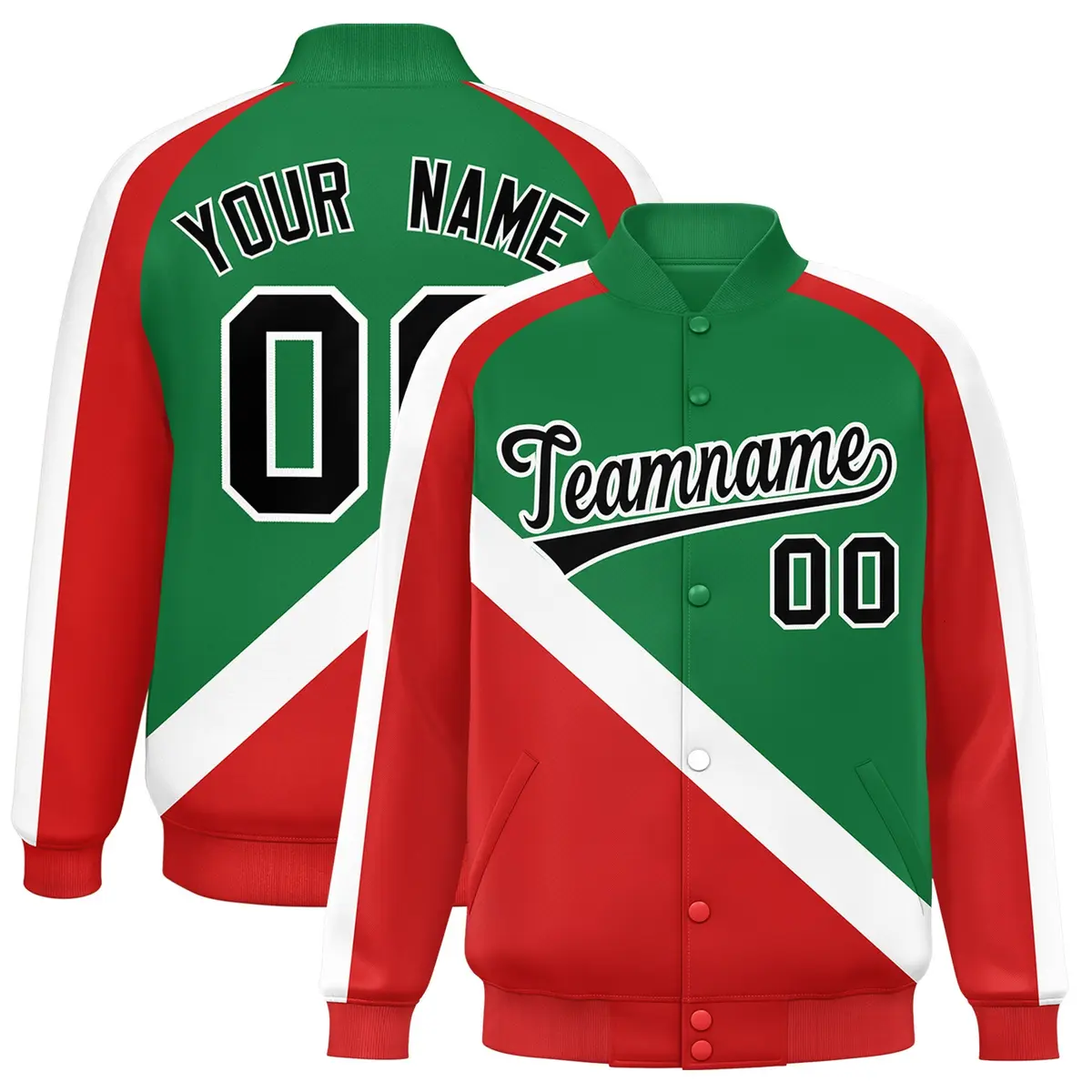 Kelly Green Red Raglan Full-Snap Letterman Baseball Jacket