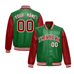 Kelly Green Red Raglan Full-Snap Varsity Faux Leather Letterman Jacket