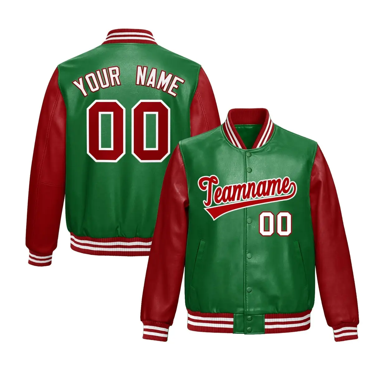 Kelly Green Red Raglan Full-Snap Varsity Faux Leather Letterman Jacket