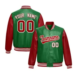 Kelly Green Red Raglan Full-Snap Varsity Faux Leather Letterman Jacket 1
