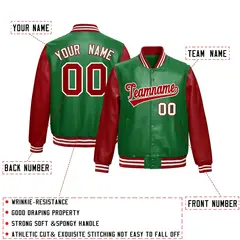 Kelly Green Red Raglan Full-Snap Varsity Faux Leather Letterman Jacket 2