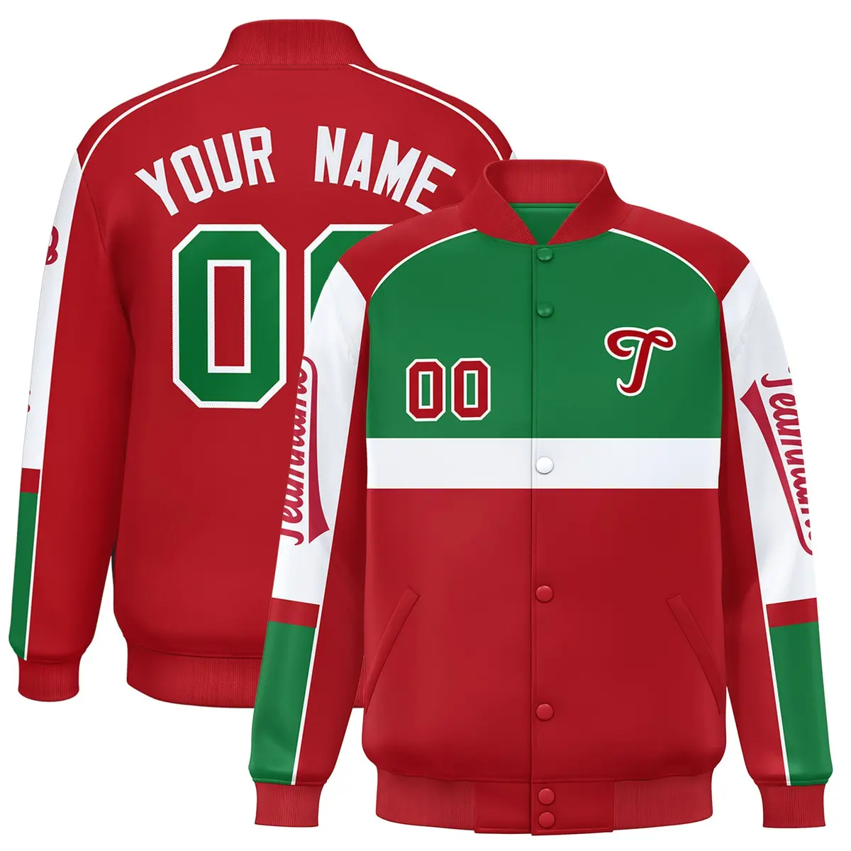Kelly Green Red Raglan Sleeve Varsity Letterman Jacket