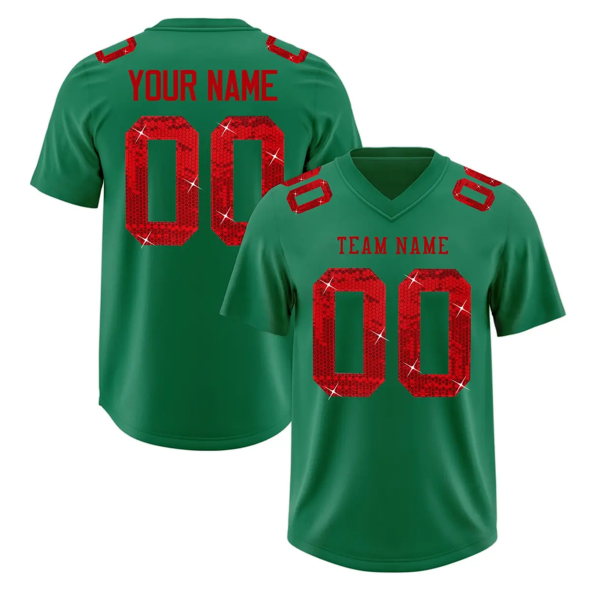 Kelly Green Red Sequin Lettering Breathable Football Jersey