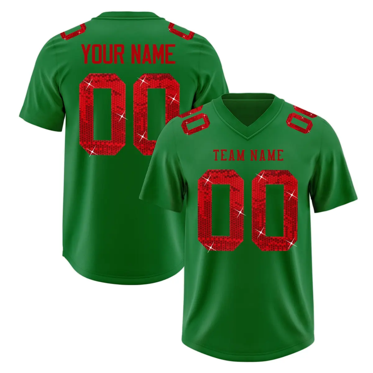 Kelly Green Red Sequin Lettering Football Jersey