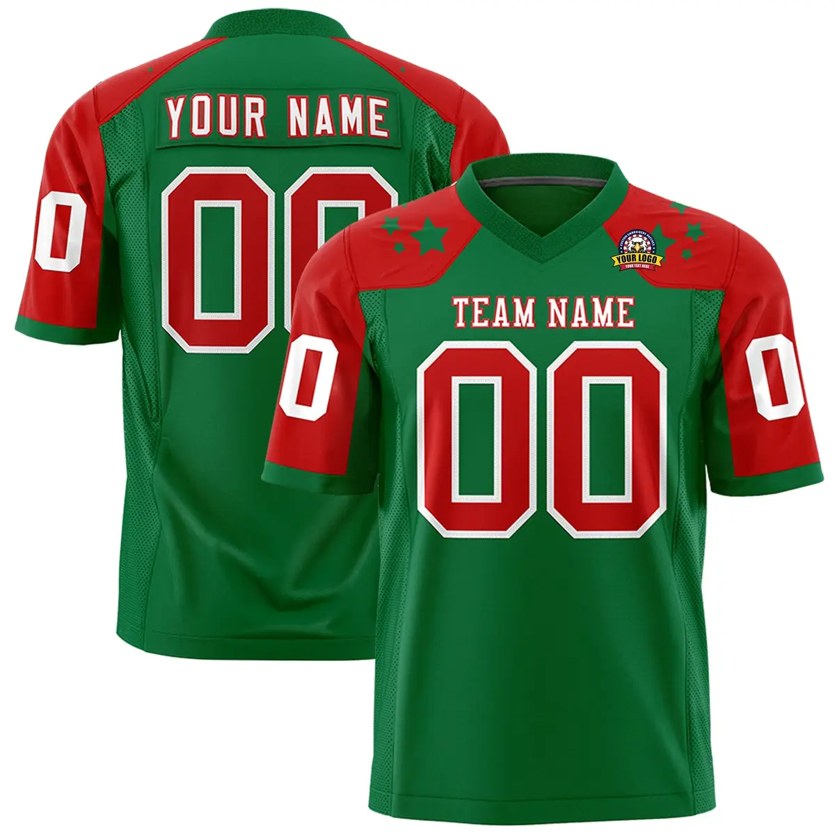 Kelly Green Red Shoulder Star Pattern Flag Football Jersey
