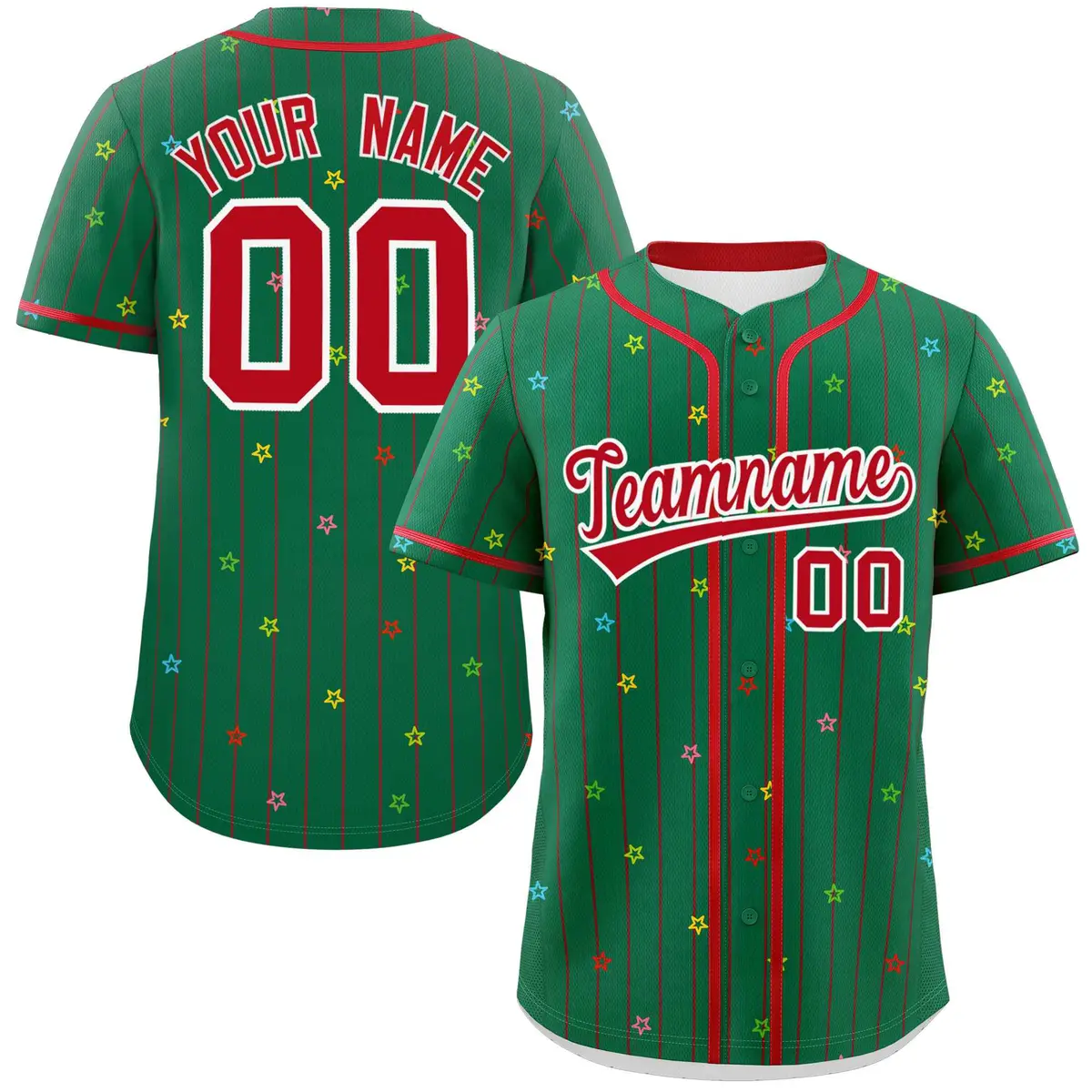 Kelly Green Red Star Pattern Stripe Baseball Jersey
