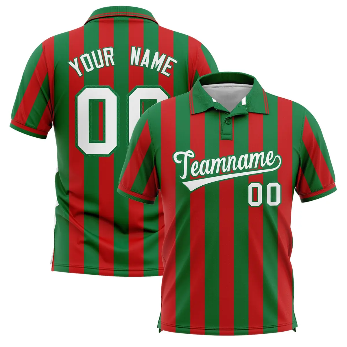 Kelly Green Red Vertical Stripes Performance Polo Shirt