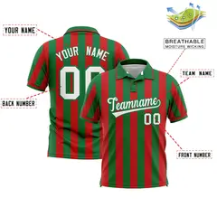 Kelly Green Red Vertical Stripes Performance Polo Shirt 2