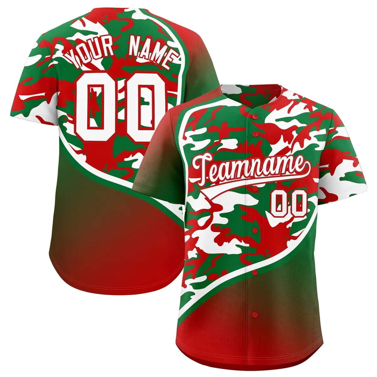 Kelly Green Red White Camo Gradient Fashion Baseball Jersey