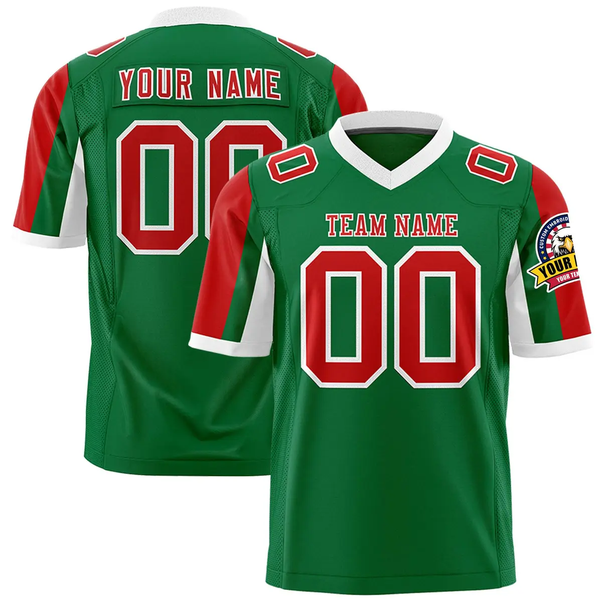 Kelly Green Red White Color Block Raglan Football Jersey