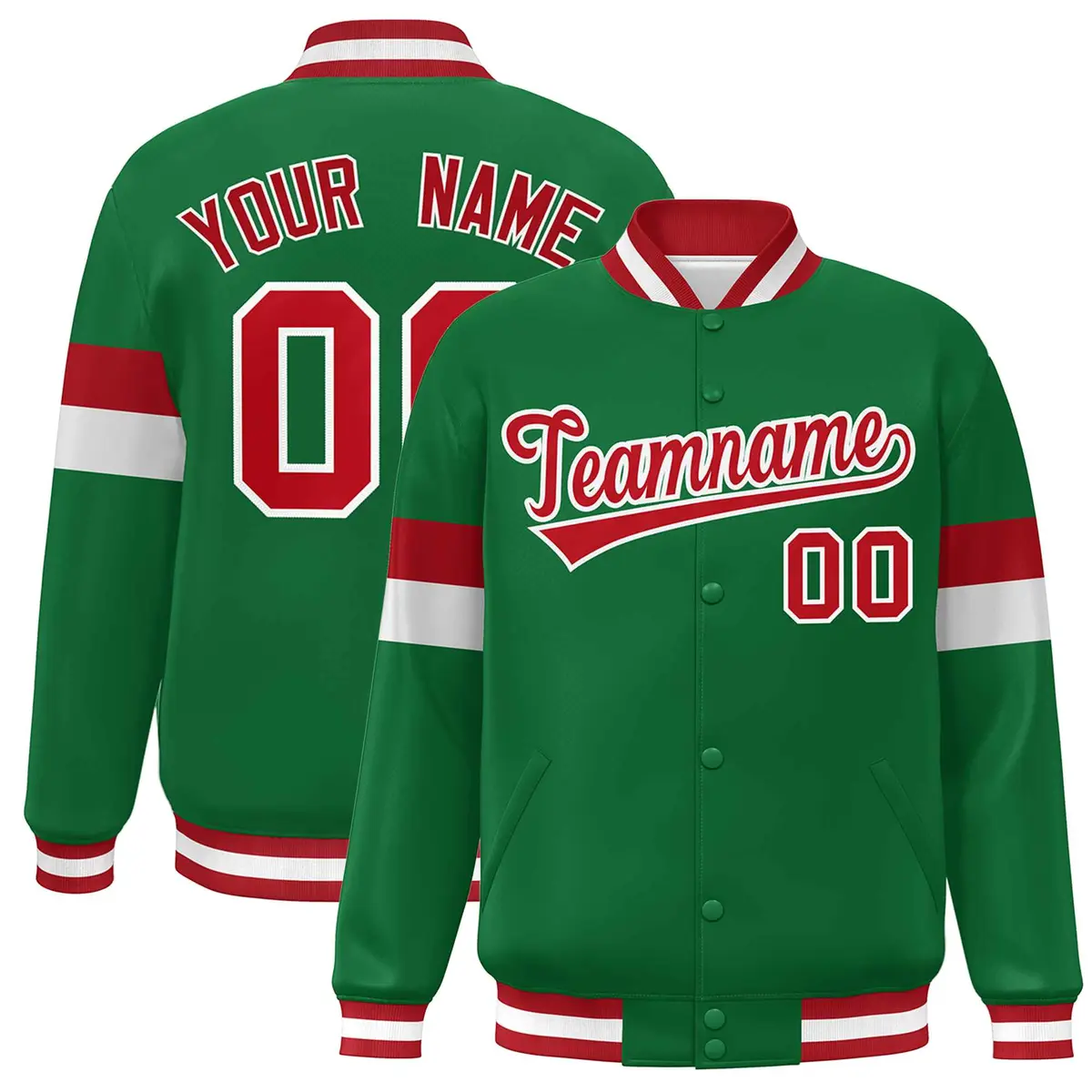 Kelly Green Red-White Color Block Varsity Baseball Jacket
