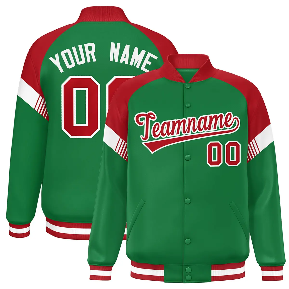 Kelly Green Red-White Color Block Varsity Full-Snap Letterman Jacket