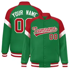 Kelly Green Red-White Color Block Varsity Full-Snap Letterman Jacket