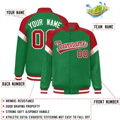 Kelly Green Red-White Color Block Varsity Full-Snap Letterman Jacket 2