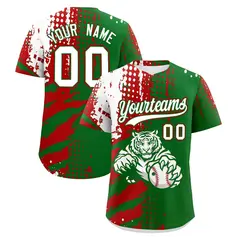 Kelly Green Red White Full-Snap Tiger Graffiti Baseball Jersey 1