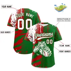 Kelly Green Red White Full-Snap Tiger Graffiti Baseball Jersey 2
