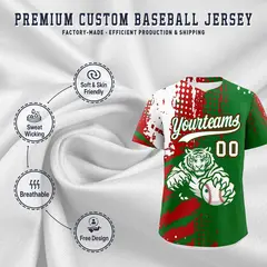 Kelly Green Red White Full-Snap Tiger Graffiti Baseball Jersey 3