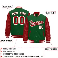 Kelly Green Red White Full-Snap Varsity Faux Leather Letterman Jacket 2