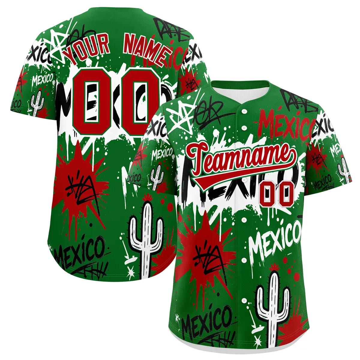 Kelly Green Red White Graffiti Mexican Style Baseball Jersey