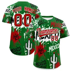 Kelly Green Red White Graffiti Mexican Style Baseball Jersey 1