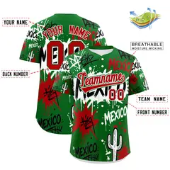 Kelly Green Red White Graffiti Mexican Style Baseball Jersey 3