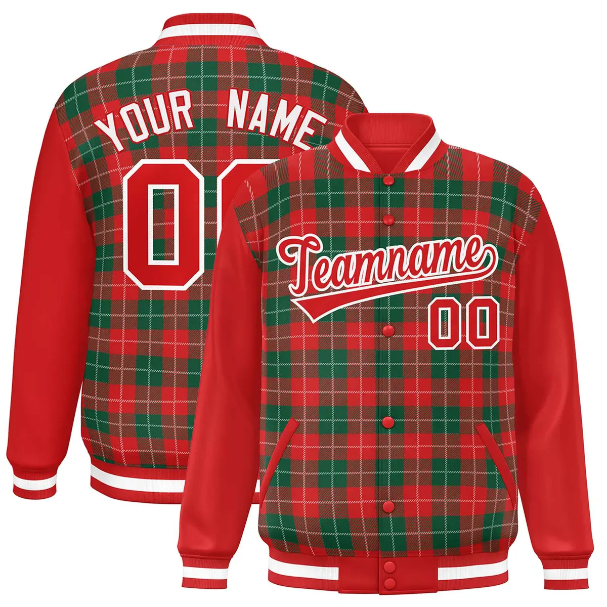 Kelly Green Red-White Plaid Varsity Letterman Baseball Jacket
