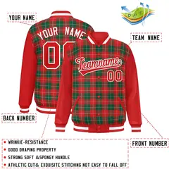 Kelly Green Red-White Plaid Varsity Letterman Baseball Jacket 2