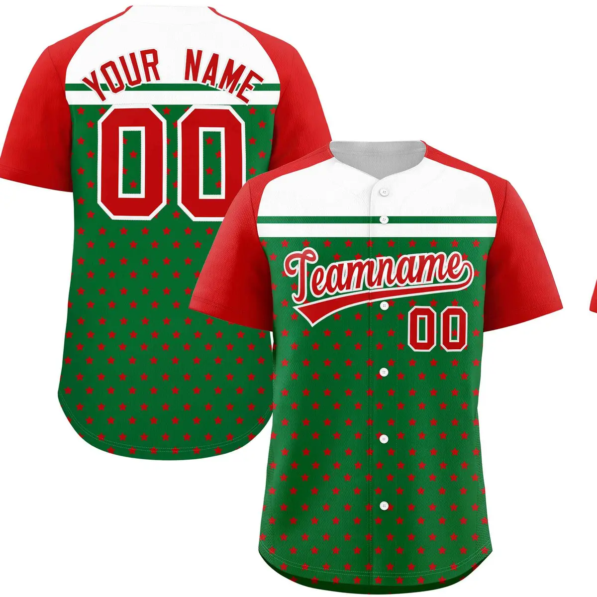 Kelly Green Red-White Raglan Star Print Baseball Jersey