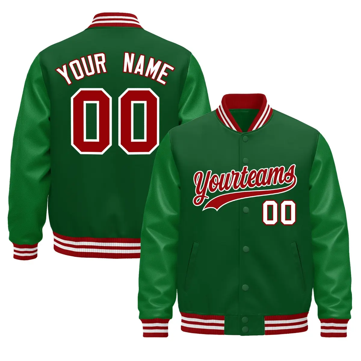 Kelly Green Red White Varsity Jacket with Faux Leather Sleeves