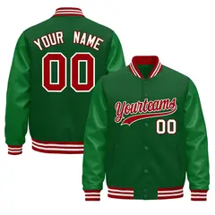 Kelly Green Red White Varsity Jacket with Faux Leather Sleeves 1