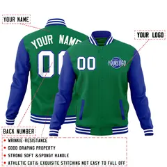 Kelly Green Royal Blue White Raglan Letterman Cotton Jacket 2