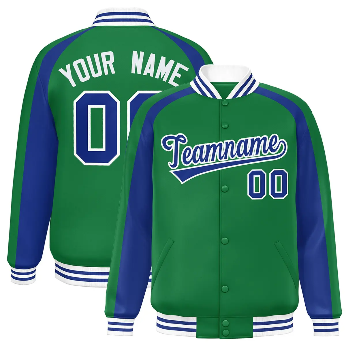 Kelly Green Royal Color Block Raglan Varsity Letterman Jacket