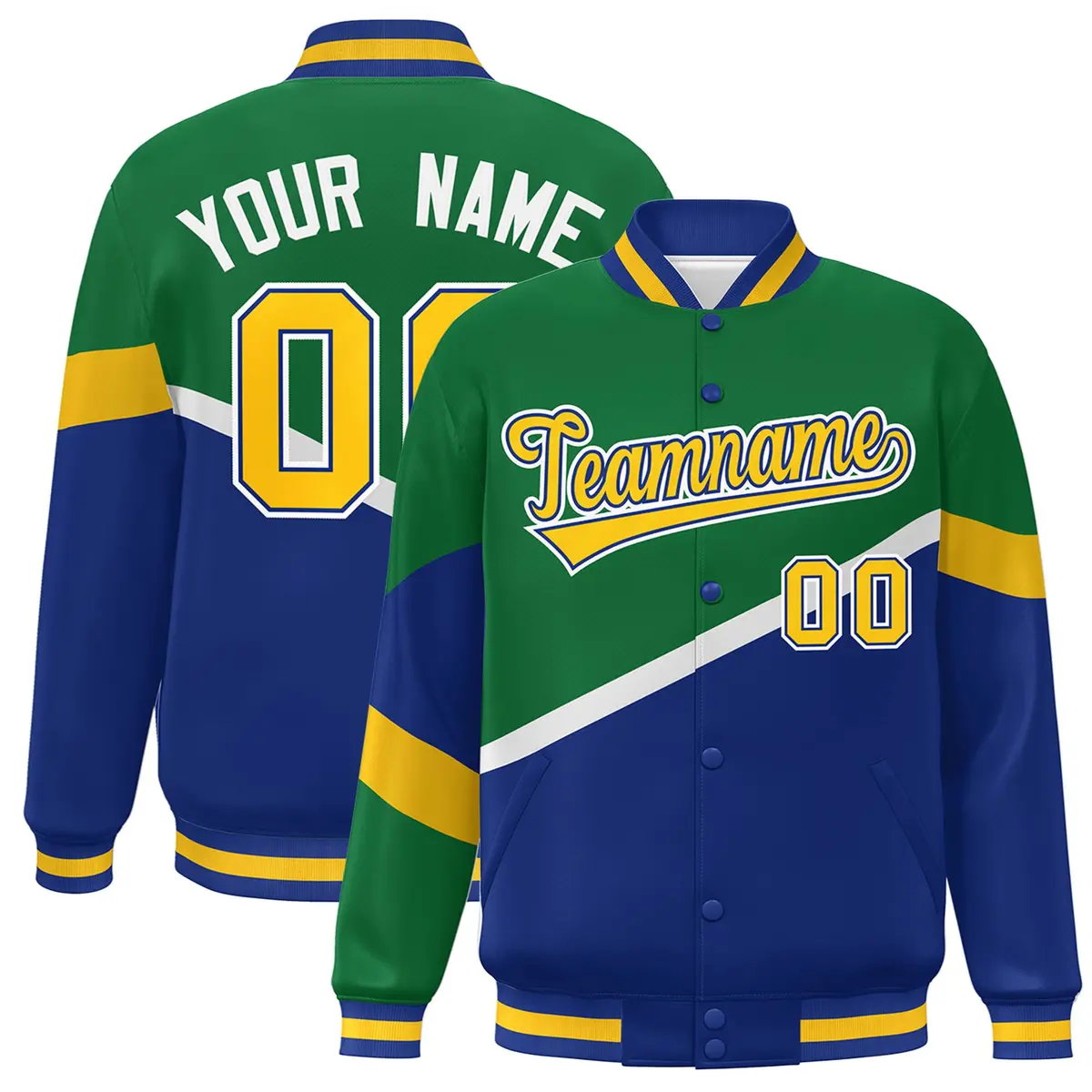 Kelly Green Royal Gold-Royal Color Block Varsity Baseball Jacket