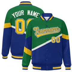 Kelly Green Royal Gold-Royal Color Block Varsity Baseball Jacket 1