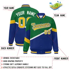 Kelly Green Royal Gold-Royal Color Block Varsity Baseball Jacket 2