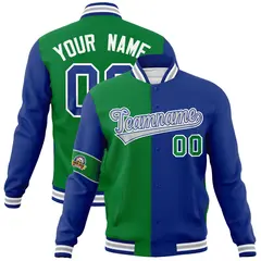 Kelly Green Royal-Gray Two Tone Split Full-Snap Letterman Jacket