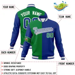 Kelly Green Royal-Gray Two Tone Split Full-Snap Letterman Jacket 4