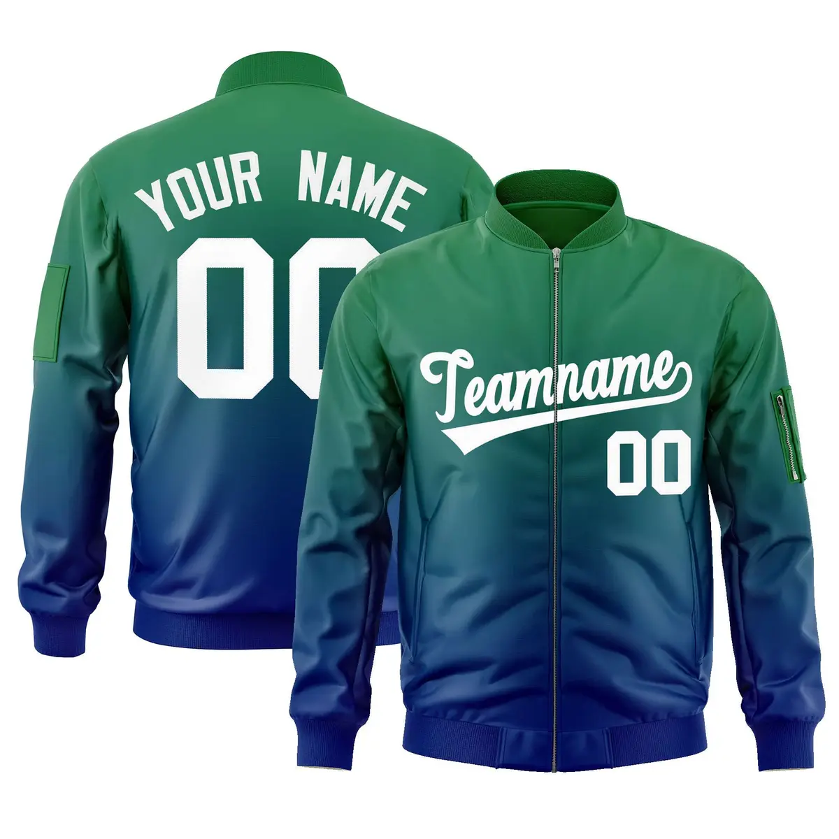 Kelly Green Royal-White Gradient Varsity Letterman Bomber Jacket