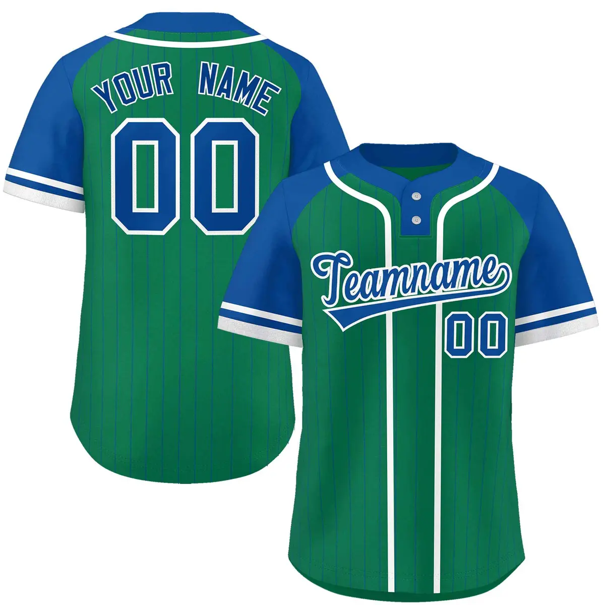Kelly Green Royal-White Stripe Raglan Two-Button Softball Jersey