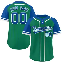 Kelly Green Royal-White Stripe Raglan Two-Button Softball Jersey 1