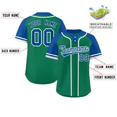 Kelly Green Royal-White Stripe Raglan Two-Button Softball Jersey 2