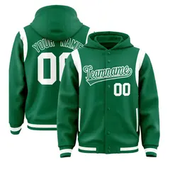 Kelly Green Shoulder Color Block Full-Snap Letterman Hoodie