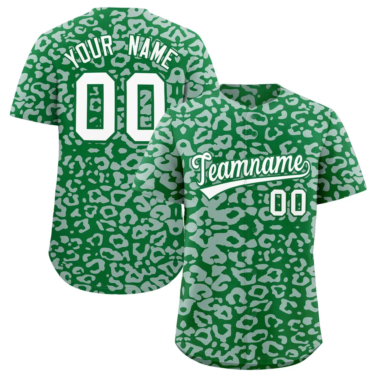 Kelly Green Silver Leopard Print Baseball Jersey