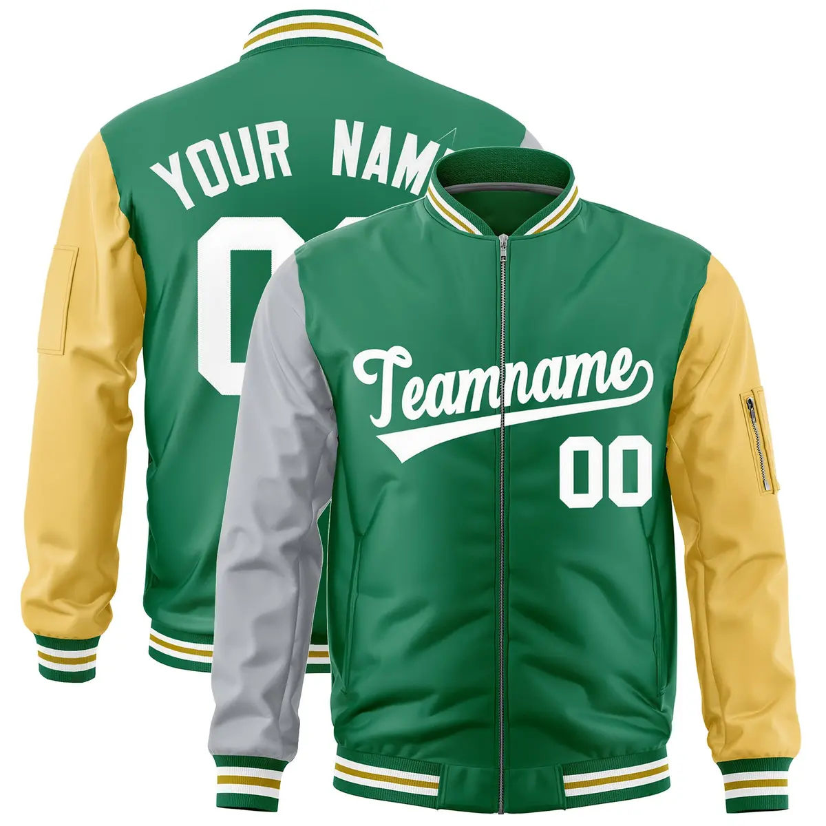Kelly Green Silver Old Gold Varsity Letterman Bomber Jacket Full-Zip Raglan Sleeves