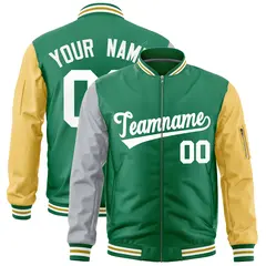 Kelly Green Silver Old Gold Varsity Letterman Bomber Jacket Full-Zip Raglan Sleeves 1