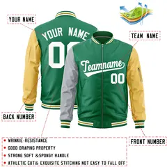 Kelly Green Silver Old Gold Varsity Letterman Bomber Jacket Full-Zip Raglan Sleeves 2