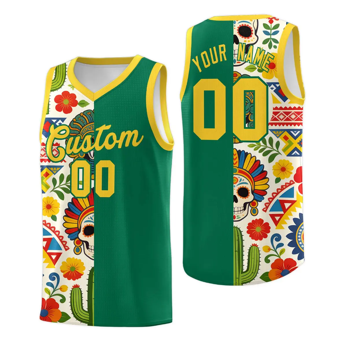Kelly Green Skeleton Mexican Colors Graffiti Basketball Jersey